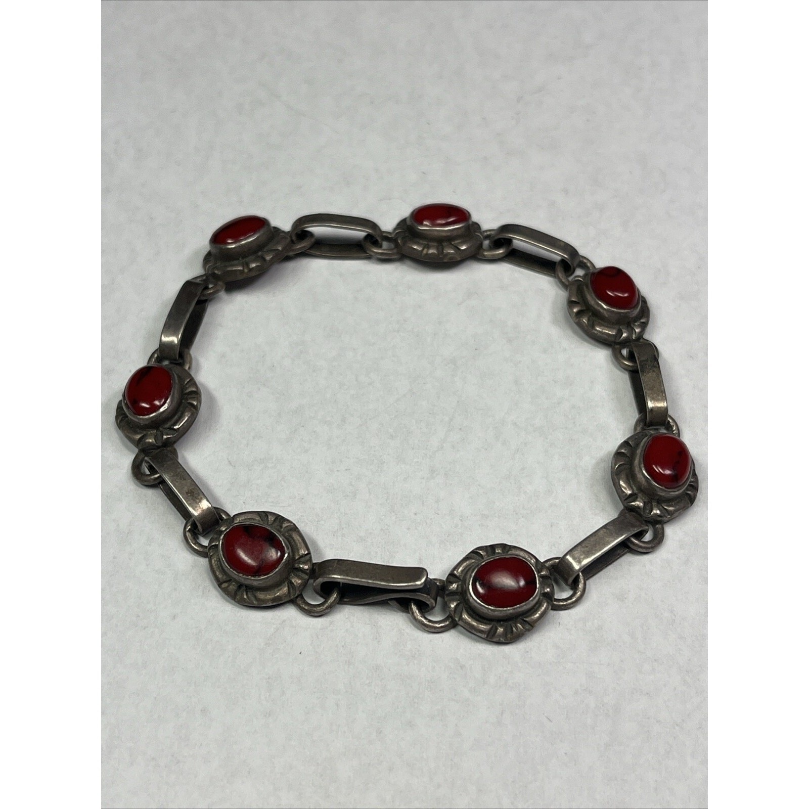 Vintage Sterling Silver 925 Tennis Bracelet Red Oval Turquoise Stones Geico Mark